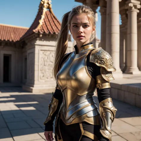 (8K, best quality:1.2), (masterpiece:1.37), (photo, photorealistic:1.37), (ultrahigh-res), half body, walking pose, shot from front, slow motion, female paladin in armour, (light silver and gold armour:1.2),(ornately decorated armor), (insanely detailed, b...