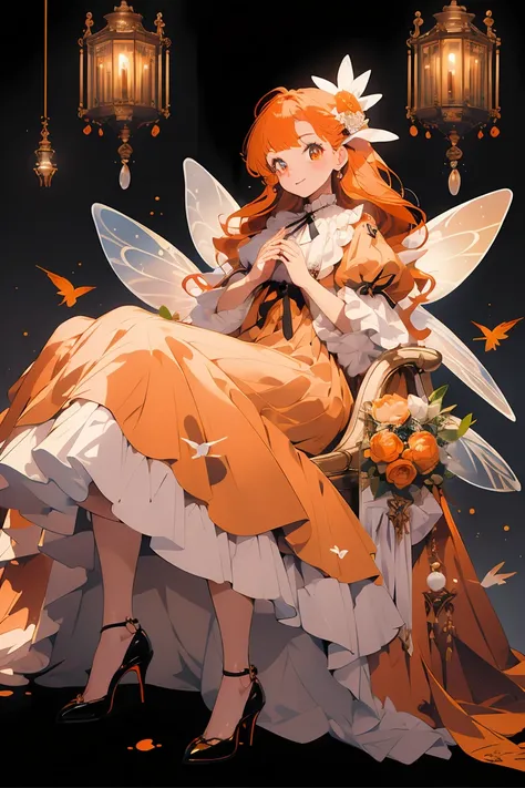 (masterpiece:1.2), best quality,PIXIV,fairy tale girl, 1 girl, orange hair, orange eyes, orange dress, lolita fashion, orange theme