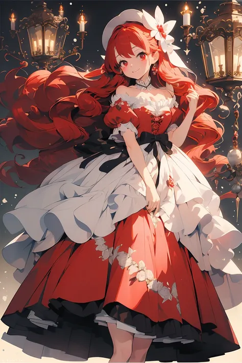 (masterpiece:1.2), best quality,PIXIV,fairy tale girl, 1 girl, red hair, red eyes, red dress, lolita fashion