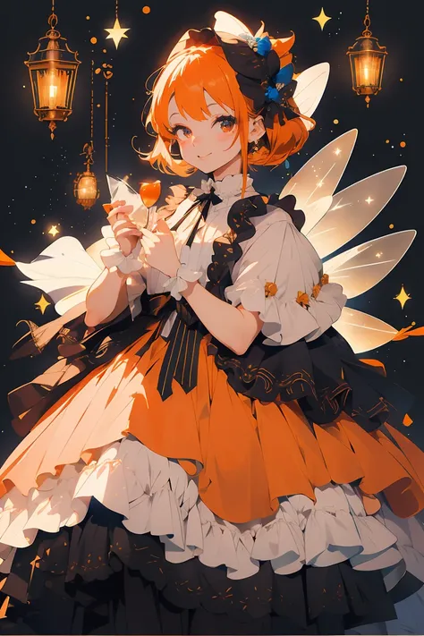 (masterpiece:1.2), best quality,PIXIV,fairy tale girl, 1 girl, orange hair, orange eyes, orange dress, lolita fashion, orange theme