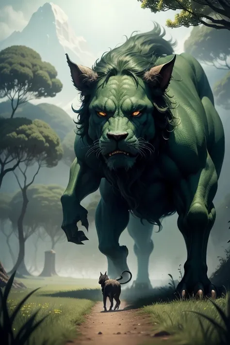 the miserable beast walks through a magical green field