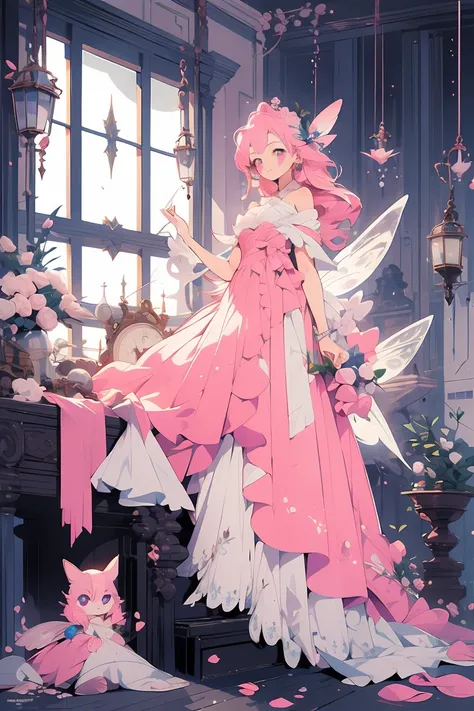 (masterpiece:1.2), best quality,PIXIV,fairy tale girl, 1 woman, hair, pink eyes, pink dress, all pink theme