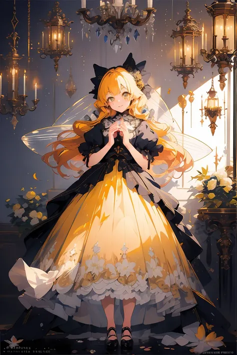 (masterpiece:1.2), best quality,PIXIV,fairy tale girl, 1 girl, yellow hair, yellow eyes, yellow dress, lolita fashion, yellow theme