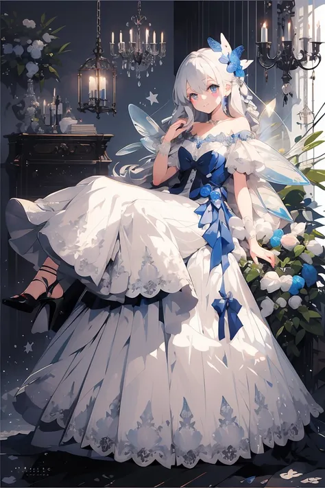 (masterpiece:1.2), best quality,PIXIV,fairy tale girl, 1 girl, silver hair, silver eyes, silver dress, lolita fashion, silver theme