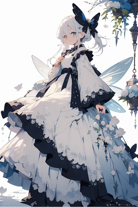 (masterpiece:1.2), best quality,PIXIV,fairy tale girl, 1 woman, white hair, grey eyes, white dress, lolita fashion, white theme, white background