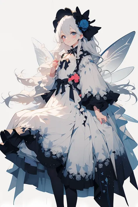 (masterpiece:1.2), best quality,PIXIV,fairy tale girl, 1 woman, white hair, grey eyes, white dress, lolita fashion, white theme, white background