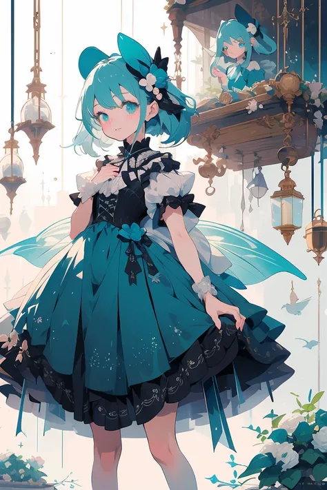 (masterpiece:1.2), best quality,PIXIV,fairy tale girl, 1 girl, teal hair, teal eyes, teal dress, lolita fashion, teal theme