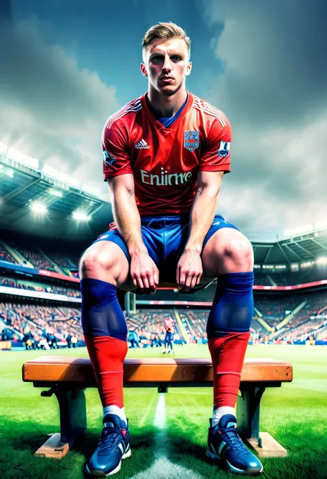 a British football player sitting on a bench, Reserve athlete, preparing competition, nervous, panoramic view, Ultra high saturation, Enhancer, (best quality, masterpiece, Representative work, official art, Professional, 8k)