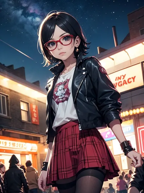 sarada uchiha with short hair, black eyes, wearing red glasses, she is wearing earrings and strings. she is dressed like a punk ...