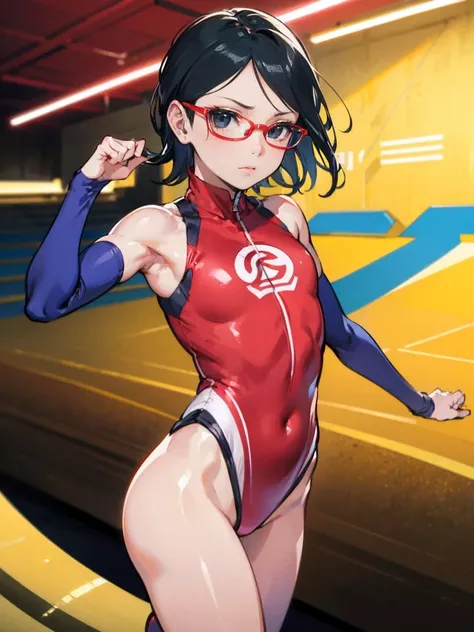 Sarada Uchiha, artistic gymnast, wearing a leotard, performing in the Gymnastics Stadium. She has short black hair and beautiful black eyes. Her small face and glasses enhance her graceful appearance. The focus of the artwork is on Saradas detailed and exp...