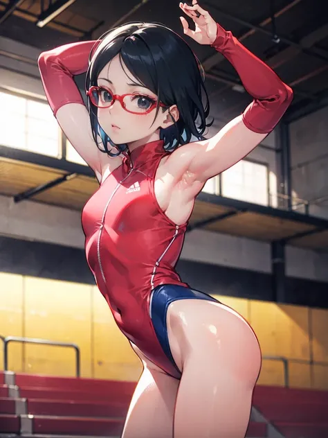 Sarada Uchiha, artistic gymnast, wearing a leotard, performing in the Gymnastics Stadium. She has short black hair and beautiful black eyes. Her small face and glasses enhance her graceful appearance. The focus of the artwork is on Saradas detailed and exp...