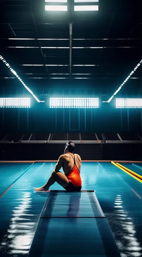 a swimmer sitting, preparing competition, nervous, panoramic view, Ultra high saturation, (best quality, masterpiece, Representative work, official art, Professional, 8k)