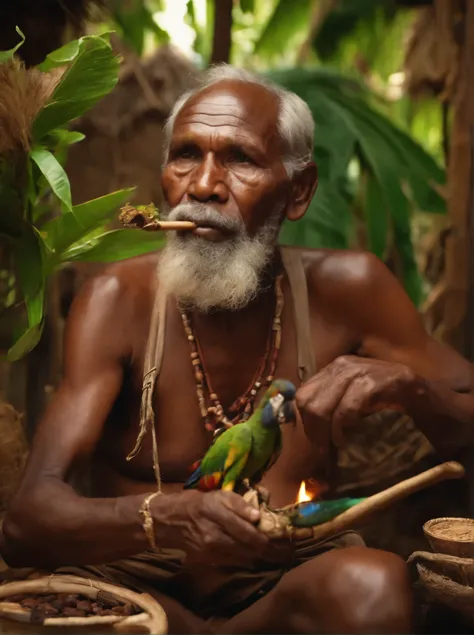 A realistic image of a Solomon Islands native brown skin old man smoking tobacco pipe while making a fire in a native leaf house kitchen with fire at the background with his macaw parrot sitting on his shoulder. 8k detailed portrait.