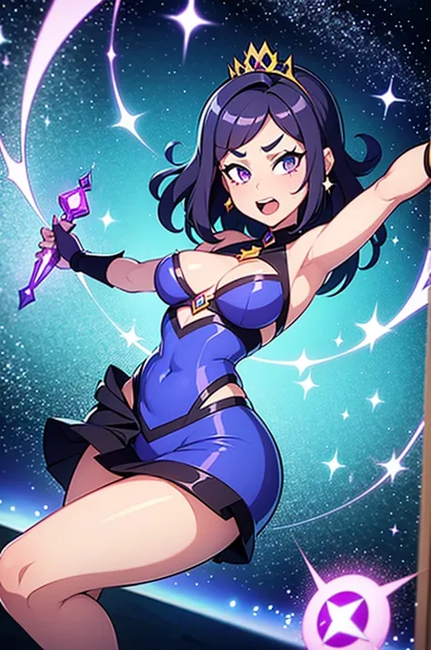 A cute teenage girl is in a strange jewel inlaid outfit, she has a tiara with a magic symbol, her eyes are violet, she is in an action pose wielding a wand that has a heart motif, electricity dances around her and she hurls a lightning bolt from her wand