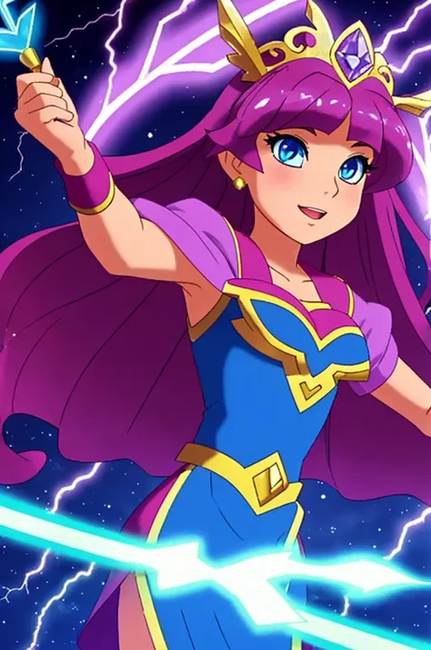 A cute teenage girl is in a strange jewel inlaid outfit, she has a tiara with a magic symbol, her eyes are violet, she is in an action pose wielding a wand that has a heart motif, electricity dances around her and she hurls a lightning bolt from her wand