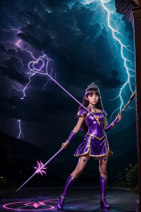 A cute teenage girl is in a strange jewel inlaid outfit, she has a tiara with a magic symbol, her eyes are violet, she is in an action pose wielding a wand that has a heart motif, electricity dances around her and she hurls a lightning bolt from her wand