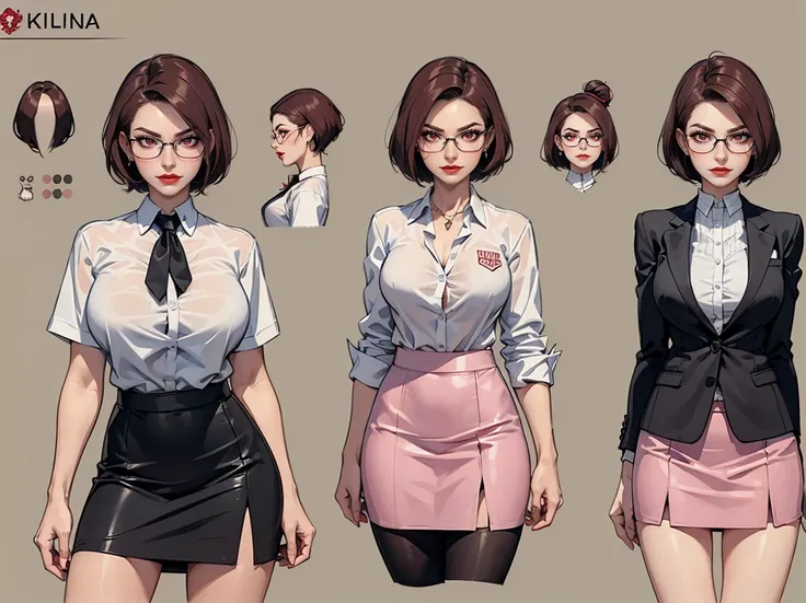 ((Masterpiece, Highest quality)), 8k, Detailed face, (character design sheet), full bodyesbian, Full of details, frontal body view, back body view, Highly detailed, Depth, Many parts, Multiple poses and expressions (mature woman) (short hair faded, undercu...