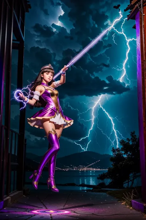 A cute teenage girl is in a strange jewel inlaid outfit, she has a tiara with a magic symbol, her eyes are violet, she is in an action pose wielding a wand that has a heart motif, electricity dances around her and she hurls a lightning bolt from her wand