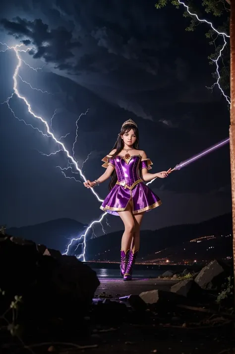 A cute teenage girl is in a strange jewel inlaid outfit, she has a tiara with a magic symbol, her eyes are violet, she is in an action pose wielding a wand that has a heart motif, electricity dances around her and she hurls a lightning bolt from her wand