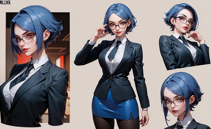 ((Masterpiece, Highest quality)), 8k, Detailed face, (character design sheet), full bodyesbian, Full of details, frontal body view, back body view, Highly detailed, Depth, Many parts, Multiple poses and expressions (mature woman) (short blue hair faded, un...