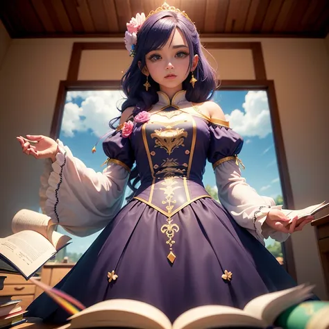 Princesa fada, usando um vestido longo florido, corpo bem definido (seios grandes), asas semitransparentes e coloridas, muito linda, sedutora e encantadora, numa biblioteca cercada por livros de magia, imagem: realista, melhor qualidade, 3d, MAPPA studios ...