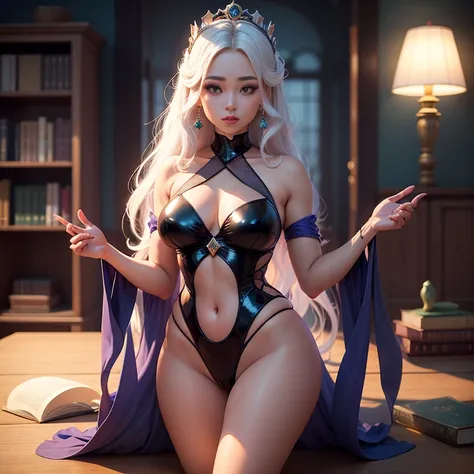 Princesa fada, Wearing a semi-transparent swimsuit, corpo bem definido (seios grandes), muito linda, sedutora e encantadora, numa biblioteca cercada por livros de magia, imagem: realista, melhor qualidade, 3d, MAPPA studios style, imagem estilo anime, com ...