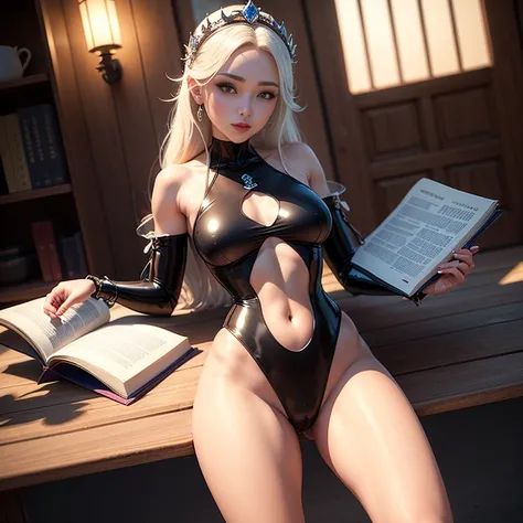 Princesa fada, Wearing a semi-transparent swimsuit, corpo bem definido (seios grandes), muito linda, sedutora e encantadora, numa biblioteca cercada por livros de magia, imagem: realista, melhor qualidade, 3d, MAPPA studios style, imagem estilo anime, com ...