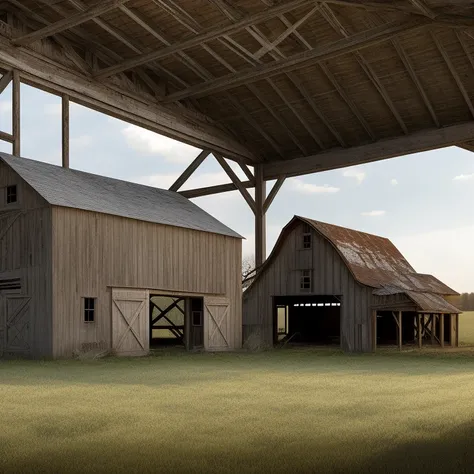 Abandoned dilapidated barn in an eerie rural setting, with a naked blonde American woman standing in front of it, rural village, landscape, (highly detailed, HD), high octane, 8k, high resolution, dramatic Lighting, sharp focus, depth of field, masterpiece...