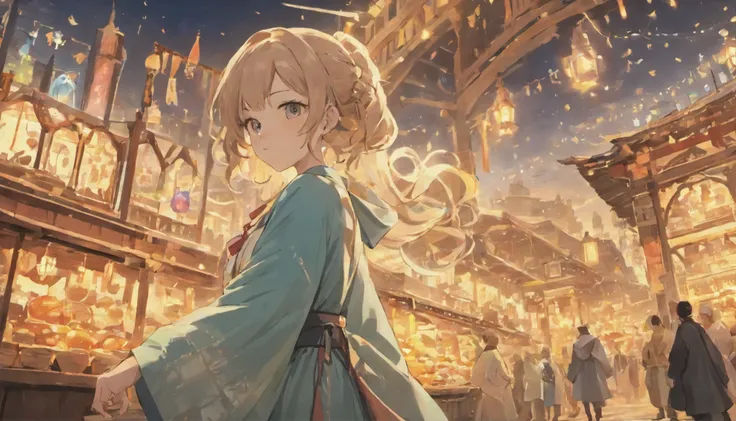 Cute female merchant selling magical items in a busy market,fantasic world,wearing robe,many goods display,masterpiece,soft line,midnight,many lightning ,floating castle over there,many people,dynamic angle,A port town on a slope facing the sea