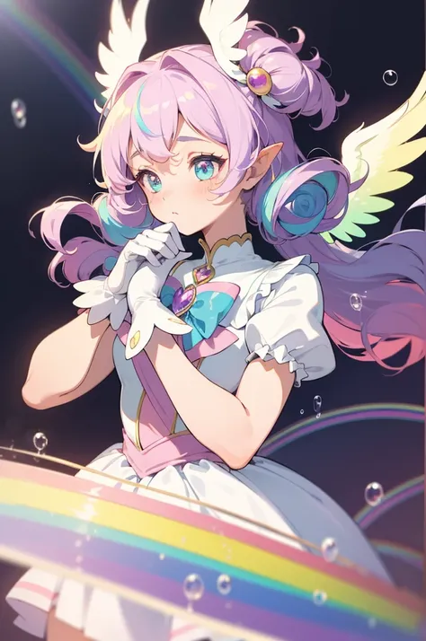 (best quality, high-res, masterpiece:1.2), dreamlike, magical girl, magical girl costume, magical girl gloves, cute hair accessories, glowing wings, misty, curly, upper body, (rainbow hair:1.2), a lot of bubbles, colorful, cute, pastel, soft and fluffy