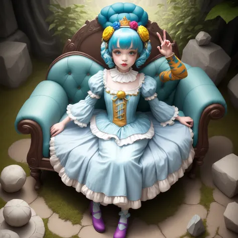 1girl, Melanie Martinez dancing around on the floor beautifully in her new music video titled, "Trickster", (1boy, stone statute, of a tall Godly man, dressed like a jester King, sitting on a giant throne), whimsical setting, wonderland inspired, magical, ...