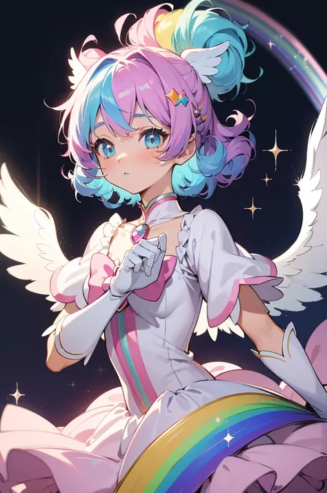 (best quality, high-res, masterpiece:1.2), dreamlike, magical girl, magical girl costume, magical girl gloves, cute hair accessories, glowing wings, misty, curly, upper body, (rainbow hair:1.2), a lot of bubbles, colorful, cute, pastel, soft and fluffy