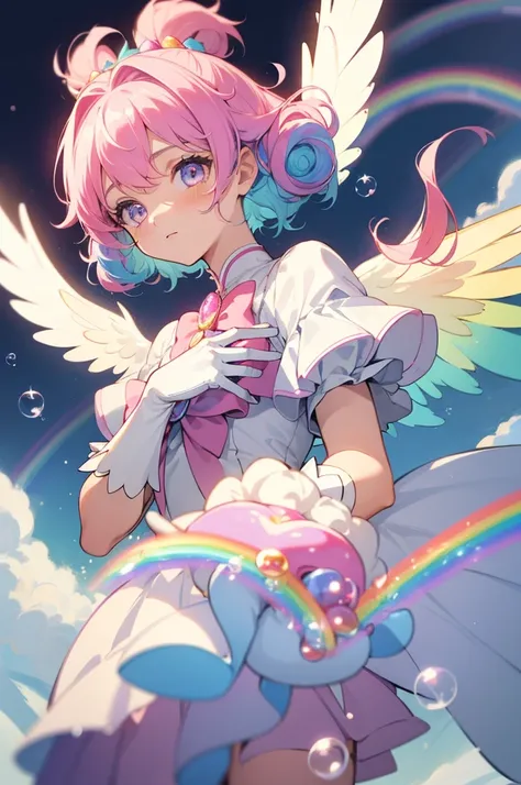 (best quality, high-res, masterpiece:1.2), dreamlike, magical girl, magical girl costume, magical girl gloves, cute hair accessories, glowing wings, misty, curly, upper body, (rainbow hair:1.2), a lot of bubbles, colorful, cute, pastel, soft and fluffy