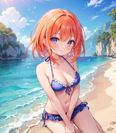 (masterpiece, high quality, high resolution, absurd, super detailed, High saturation、8k),real,,(bikini:1.5),3 girls on the beach:1.2,ゆり、cute face、beautiful eyes、((one with pink hair)), ((another girl with orange hair at shoulder height)), ((another girl wi...