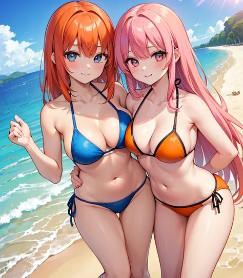 (masterpiece, high quality, high resolution, absurd, super detailed, High saturation、8k),real,,(bikini:1.5),(2girls on the beach:1.2,),(yuri:1.2)、(breasts to breasts) seductive smile,cute face、beautiful eyes、(hug:1.2)、(( pink hair,orange hair at shoulder h...