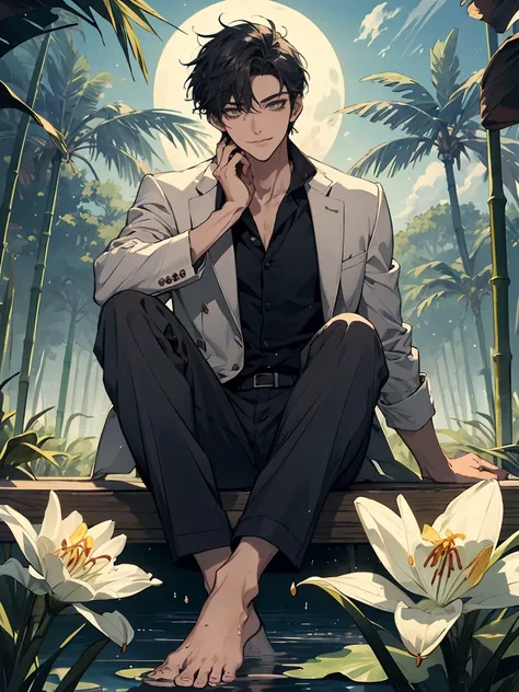 ((masterpiece,best quality)), 1 male, adult, handsome,full_moon, leaf, moon, plant, potted_plant, bamboo, 1guy, handsome man, palm_tree, butterfly, bug, water, tanabata, branch, barefoot, night, lily_pad, tanzaku, soaking_feet, vines, solo, outdoors, tree,...