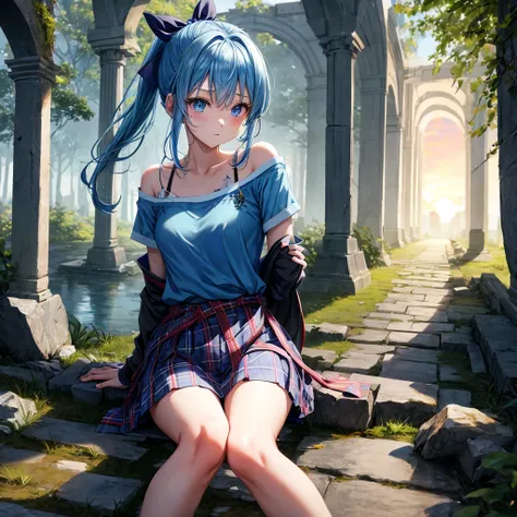 blue hair、blue eyes、Braid、ponytail、one good looking girl、solo、anime、Plaid miniskirt、camisole、black t-shirt、Tilting your face、Doing the ribbon、Ribbon at waist、sunset sky、broken stone steps、ruins、tunnel、Fallen leaves、Light and shadow、Raising legs、column、spar...