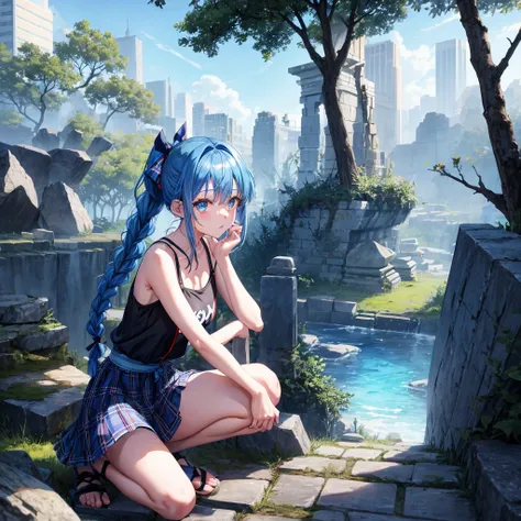 blue hair、blue eyes、Braid、ponytail、one good looking girl、solo、anime、Plaid miniskirt、camisole、black t-shirt、Tilting your face、Doing the ribbon、Ribbon at waist、sunset sky、broken stone steps、ruins、tunnel、Fallen leaves、Light and shadow、Raising legs、column、spar...