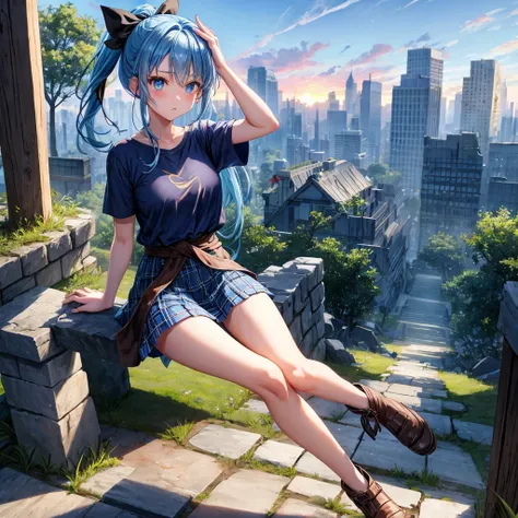 blue hair、blue eyes、Braid、ponytail、one good looking girl、solo、anime、Plaid miniskirt、camisole、black t-shirt、Tilting your face、Doing the ribbon、Ribbon at waist、sunset sky、broken stone steps、ruins、tunnel、Fallen leaves、Light and shadow、Raising legs、column、spar...