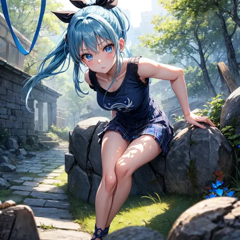 blue hair、blue eyes、Braid、ponytail、one good looking girl、solo、anime、Plaid miniskirt、camisole、black t-shirt、Tilting your face、Doing the ribbon、Ribbon at waist、sunset sky、broken stone steps、ruins、tunnel、Fallen leaves、Light and shadow、Raising legs、column、spar...