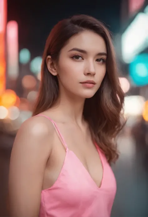 a girl in a pink top in a neon city, in the style of chinapunk, iconic album covers, soft-focus portraits, luke fildes, light amber and silver, exotic, captivating lighting --ar 1:2 --stylize 750 --v 6