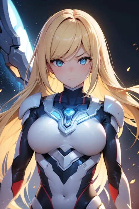 a beatiful woman, Portrait de la belle Samus Aran, samus aran fanart, cyborg, carbon fiber, ultragirl, large breast, troubled expression,23 years old, butterfly girl, ero, decorative, highly detailed, beautiful blond hair, long hair,(eyeshadow:1.1), (beaut...