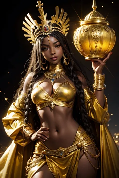 woman in yellow dress holding a pot of gold and a golden mirror, epic 3d oshun, dark skin female goddess of love, black African princess, African Queen, stunning African princess, female goddess, queen goddess, ((a beautiful fantasy empress )), beautiful g...