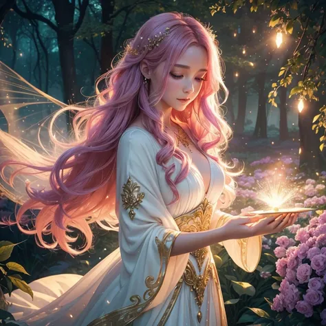 (best quality,4k,8k,highres,masterpiece:1.2),ultra-detailed,(realistic,photorealistic,photo-realistic:1.37),A girl with magical powers,flying,dressed in a flowing and shimmering gown,sparkling eyes,floating golden locks,holding a glowing wand, surrounded b...