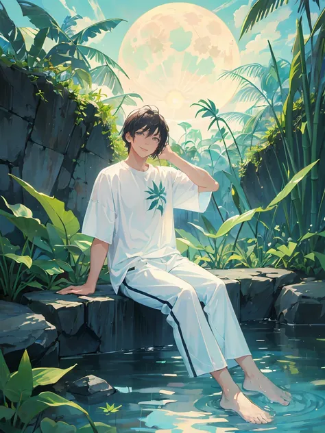 ((masterpiece,best quality)), 1 male, adult, handsome,full_moon, leaf, moon, plant, potted_plant, bamboo, 1guy, handsome man, palm_tree, butterfly, bug, water, tanabata, branch, barefoot, night sky, lily_pad, tanzaku, soaking_feet, vines, solo, outdoors, t...