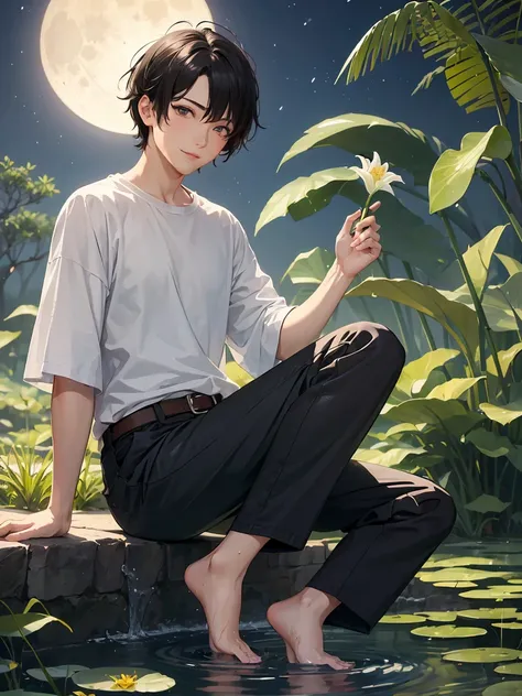 ((masterpiece,best quality)), 1 male, adult, handsome,full_moon, leaf, moon, plant, potted_plant, bamboo, 1guy, handsome man, palm_tree, water, tanabata, branch, barefoot, night, lily_pad, tanzaku, soaking_feet, vines, solo, outdoors, tree, very short blac...