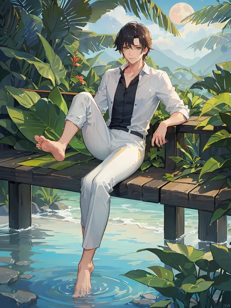 ((masterpiece,best quality)), 1 male, adult, handsome,full_moon, leaf, moon, plant, potted_plant, bamboo, 1guy, handsome man, palm_tree, water, tanabata, branch, barefoot, night, lily_pad, tanzaku, soaking_feet, vines, solo, outdoors, tree, very short blac...