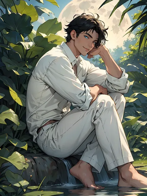 ((masterpiece,best quality)), 1 male, adult, handsome,full_moon, leaf, moon, plant, potted_plant, bamboo, 1guy, handsome man, palm_tree, water, tanabata, branch, barefoot, night, lily_pad, tanzaku, soaking_feet, vines, solo, outdoors, tree, very short blac...