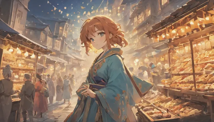 Cute female merchant selling magical items in a busy market,fantasic world,wearing robe,many goods display,masterpiece,soft line,midnight,many lightning ,floating castle over there,many people,dynamic angle,A port town on a slope facing the sea