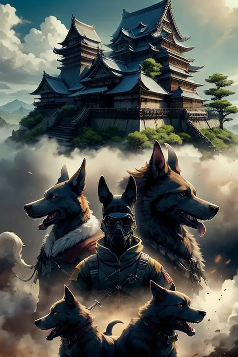 Group of dog soldiers in Japanese castle